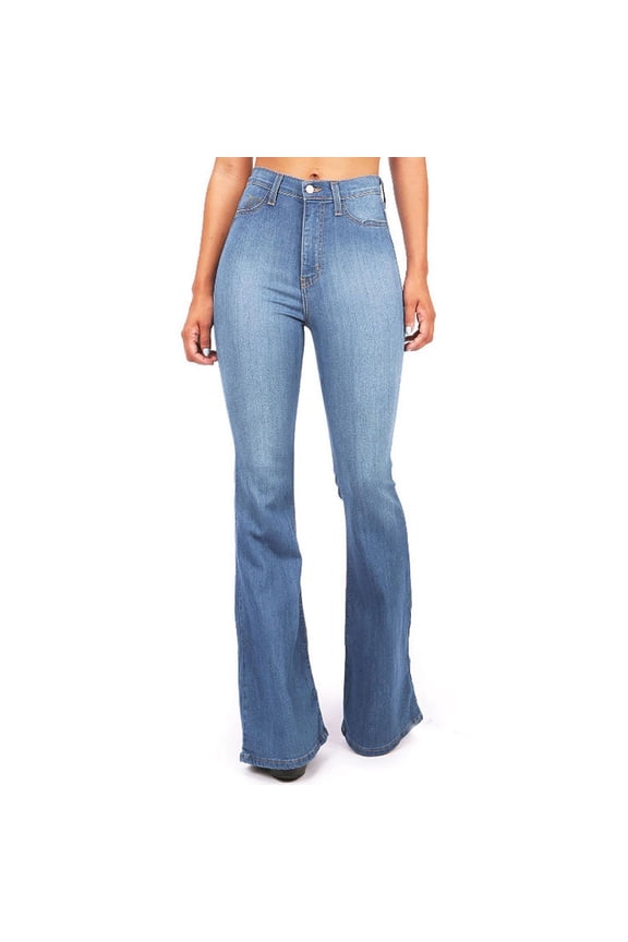 Womens High Waist Pocket Wide Leg Flared Skinny Stretchy Denim Jeans Soft Breathable Button Trousers For Daily
