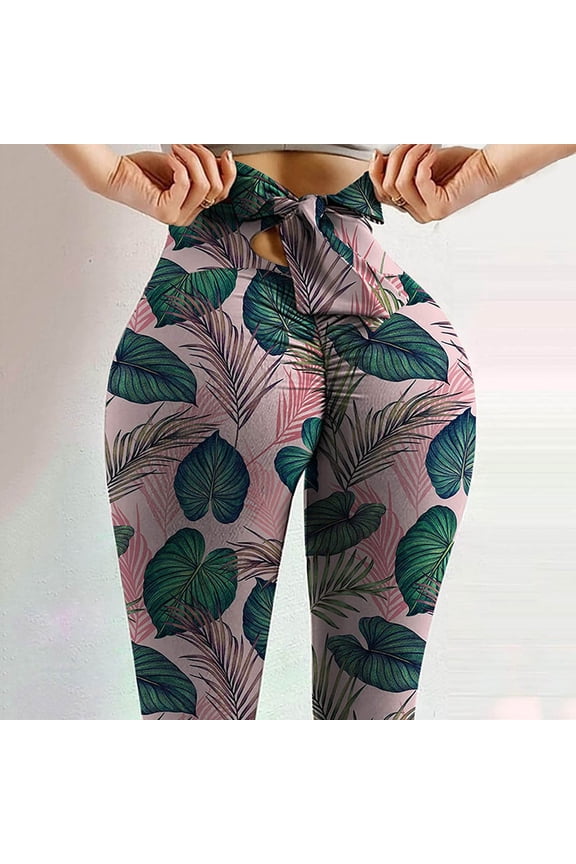Womens High Waist Printed Bow Tie Yoga Pants Tight Fit Stretchy Breathable for Daily Fitness Gym Workout