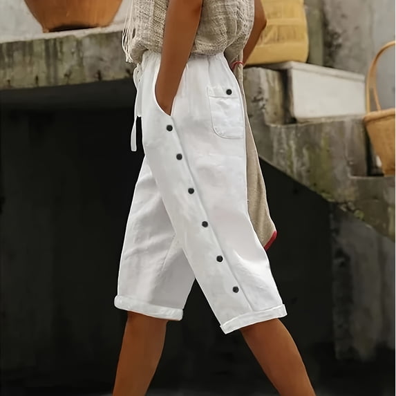 TaTaai Womens High Waist Shorts Solid Drawstring Elastic Waist Side Button Casual Linen Blend Breathable with Pockets Gift