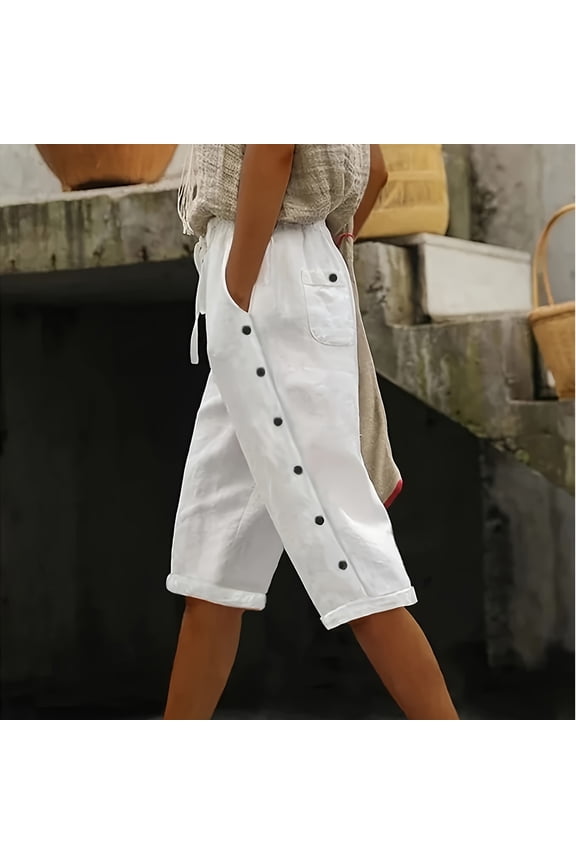 Womens High Waist Shorts Solid Drawstring Elastic Waist Side Button Casual Linen Blend Breathable with Pockets Gift