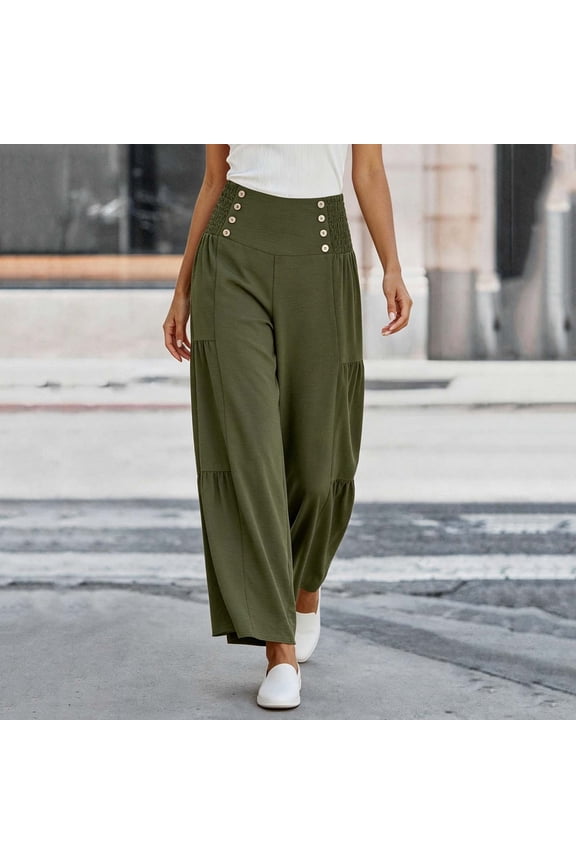 Womens High Waist Smocked Wide Leg Pants Button Decor Tiered Flowy Casual Trousers Bottoms for Daily