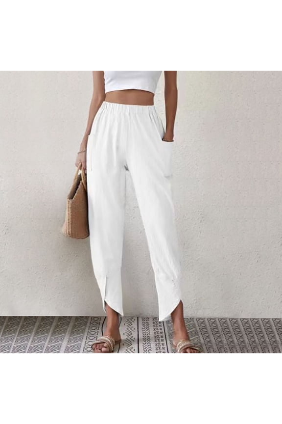 Womens High Waist Solid Wide Leg Pants Elastic Waist Loose with Pockets for Daily Home Beach Summer