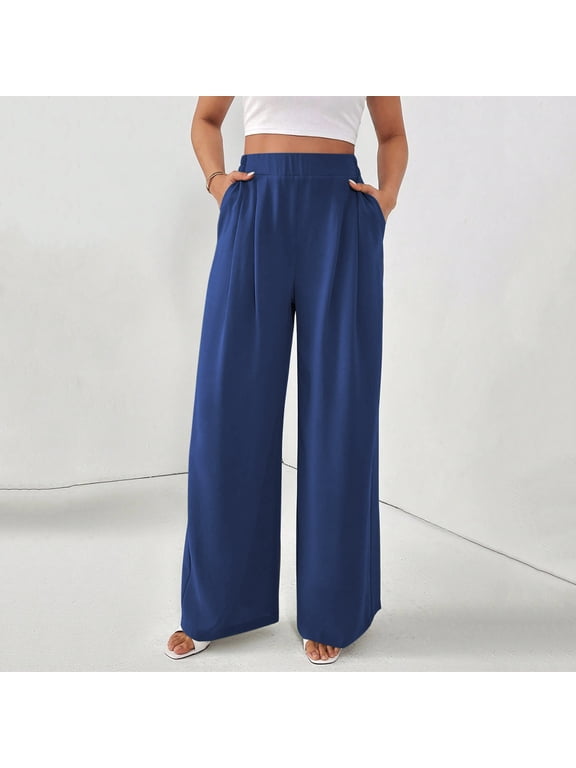 Womens High Waist Straight Leg Dress Pants Solid with Pockets Loose Work Trousers for Office