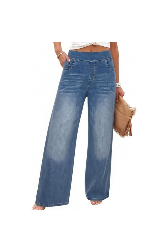 Womens High Waist Wide Leg Denim Pants Solid Color Classic Five Pockets Soft Elastic Denim Fabric Loose Casual Fashion Long Jeans All Season Daily Wear Gift