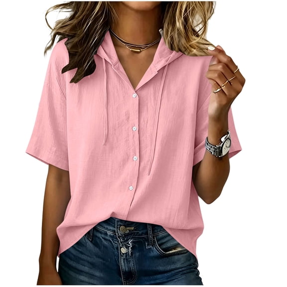 TaTaai Womens Hoodie Tops Short Sleeve Loose Fit Hooded Button Front Solid Soft Imitation Linen Blouse for Summer Gift