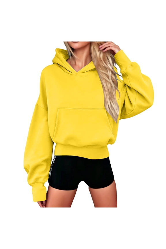 Womens Hoodies Long Sleeve Drawstring Hooded Solid Loose Fit Sweatshirt with Elastic Hem for Weekend