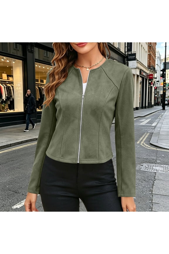 Womens Jacket Long Sleeve Crew Neck Solid Zip Up Faux Suede Blazer with Princess Seams Cropped Tailored Casual