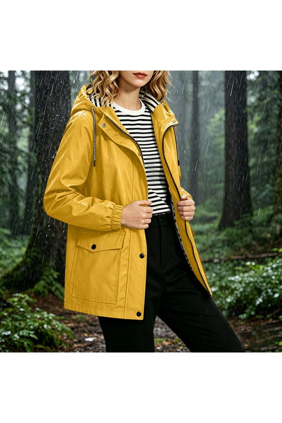 Womens Jacket Long Sleeve Hooded Solid Waterproof Windbreaker with Drawstring Double Pockets for Outdoor Hiking