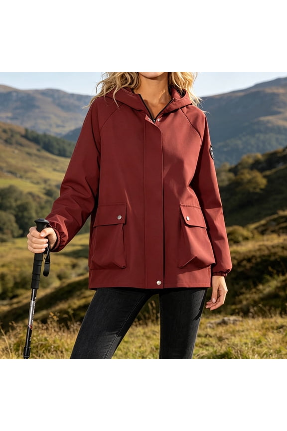 Womens Jacket Long Sleeve Hooded Zip Up Solid Waterproof Windbreaker with Pockets Elastic Cuffs for Outdoor