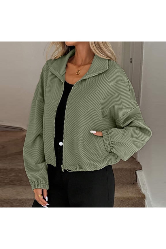 Womens Jacket Long Sleeve Lapel Solid Drawstring Hem Zip Up Loose Casual Outerwear for Fall Winter
