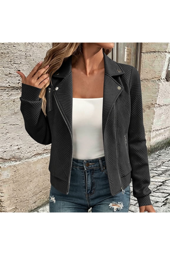 Womens Jacket Long Sleeve Lapel Solid Multi Zipper Pockets Quilted Moto Jacket with Decorative Buttons Casual Edgy for Street