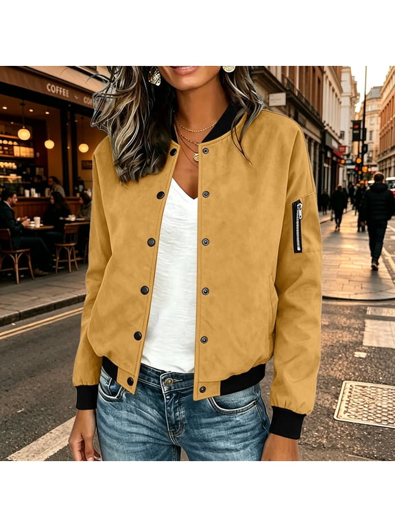 Womens Jacket Long Sleeve Round Neck Solid Button Front Faux Suede Jacket with Ribbed Panels and Kangaroo Pocket Casual