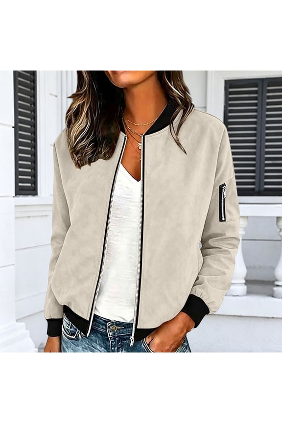 Womens Jacket Long Sleeve Round Neck Solid Zip Up Faux Suede Jacket with Ribbed Panels and Kangaroo Pocket Casual