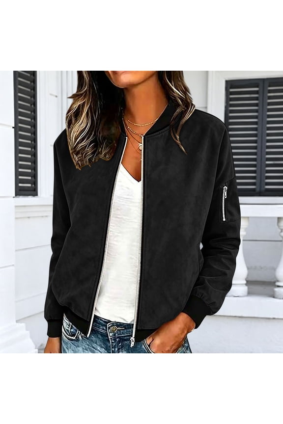 Womens Jacket Long Sleeve Round Neck Solid Zip Up Faux Suede Jacket with Ribbed Panels and Kangaroo Pocket Casual