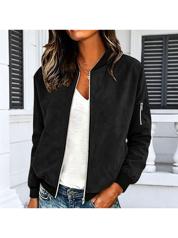 Womens Jacket Long Sleeve Round Neck Solid Zip Up Faux Suede Jacket with Ribbed Panels and Kangaroo Pocket Casual