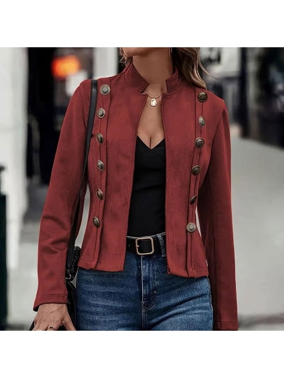 Womens Jacket Long Sleeve Stand Collar Double Breasted Suede Cropped Coat with Decorative Buttons for Fall