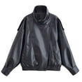 thumbnail image 1 of TaTaai Womens Jacket Long Sleeve Stand Collar Solid Button Down Pocket Loose Faux Leather Coat for Fall, 1 of 8