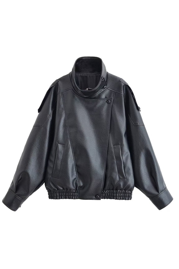 Womens Jacket Long Sleeve Stand Collar Solid Button Down Pocket Loose Faux Leather Coat for Fall