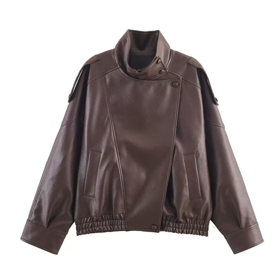 TaTaai Womens Jacket Long Sleeve Stand Collar Solid Button Down Pocket Loose Faux Leather Coat for Fall