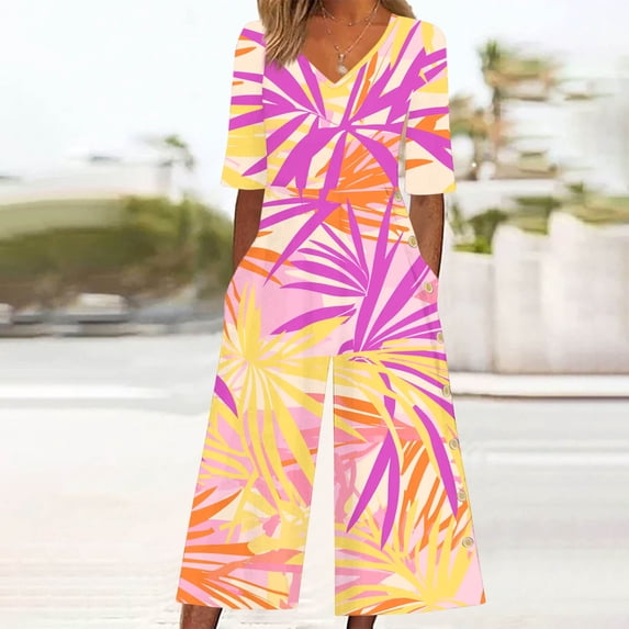 TaTaai Womens Jumpsuit Pants Short Sleeve V Neck Back Zipper Side Pocket Geometric Print Solid Soft Lightweight Casual Romper for Summer Gift
