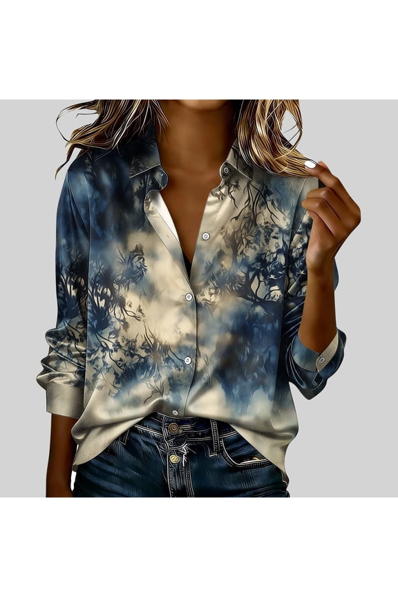 Womens Lightweight Printed Shirt Long Sleeve Round Neck Polyester Casual Blouse Soft Fabric Asian Fit Size Up Gift