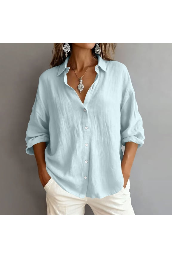 Womens Linen Long Sleeve Button Down Cardigan Solid Color Loose Fit Collared Casual Open Front Blouse Gift