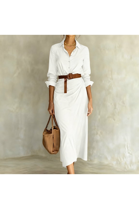 Womens Long Sleeve Belted Dress V-Neck Lapel Solid Color Flowy Casual Party Daily Ankle Length Midi Dress Gift