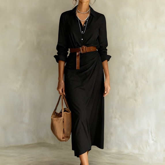 TaTaai Womens Long Sleeve Belted Dress V-Neck Lapel Solid Color Flowy Casual Party Daily Ankle Length Midi Dress Gift