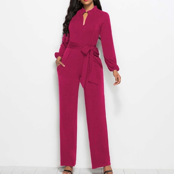 TaTaai Womens Long Sleeve Jumpsuit V Neck Button Pocket Tie Waist Solid Casual Romper for Daily