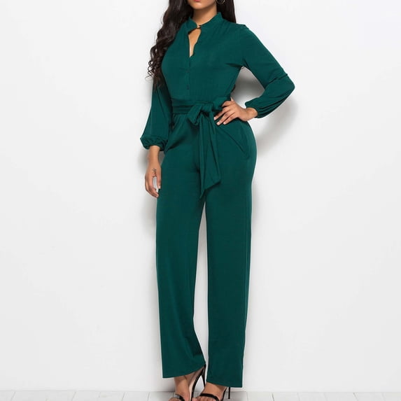 TaTaai Womens Long Sleeve Jumpsuit V Neck Button Pocket Tie Waist Solid Casual Romper for Daily