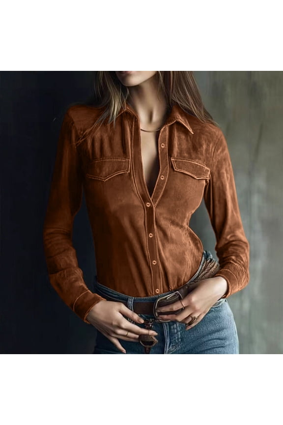 Womens Long Sleeve Shirts Casual Button Down Collared Tops with Chest Pocket Soft Suede Look Blouses Brown for Daily Work Office Gift