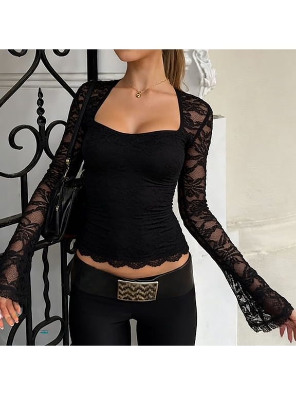 Womens Long Sleeve Square Neck Blouses Casual Sheer Mesh Insert Tops Hollow Out Patchwork See Through Shirts for Night Out 1-Pack Gift