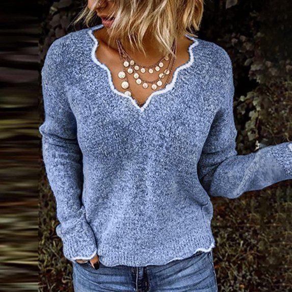 TaTaai Womens Long Sleeve Tops V Neck Solid Embroidered Casual Pullover Blouse Loose for Daily Work