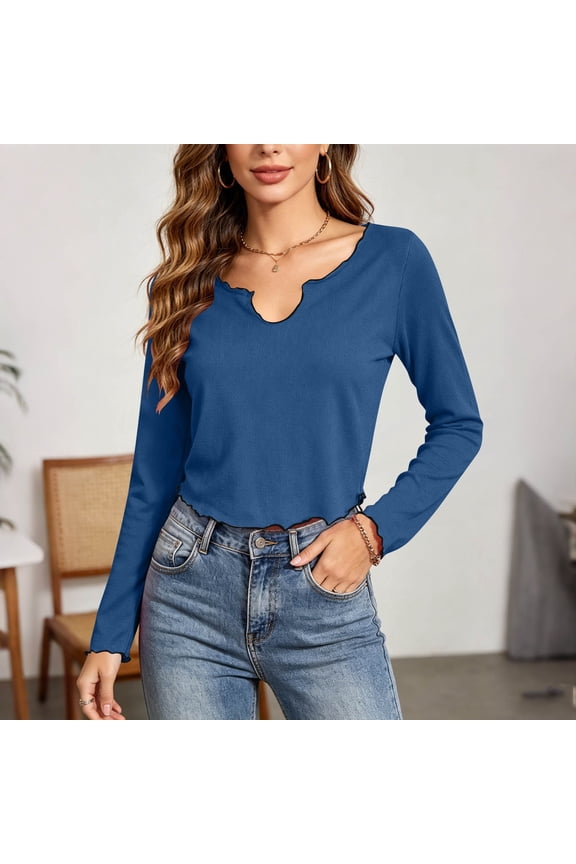 Womens Long Sleeve U Neck Solid Knit T Shirt with Lettuce Hem Scalloped Trim Casual Soft Breathable Stretchy for Winter