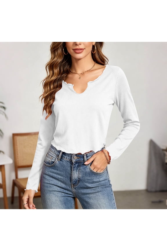 Womens Long Sleeve U Neck Solid Knit T Shirt with Lettuce Hem Scalloped Trim Casual Soft Breathable Stretchy for Winter