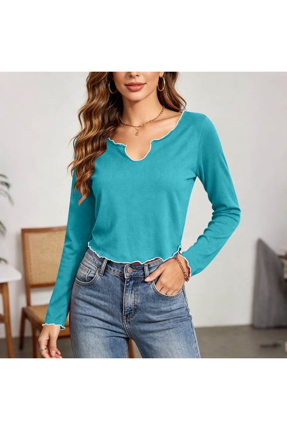 Womens Long Sleeve U Neck Solid Knit T Shirt with Lettuce Hem Scalloped Trim Casual Soft Breathable Stretchy for Winter