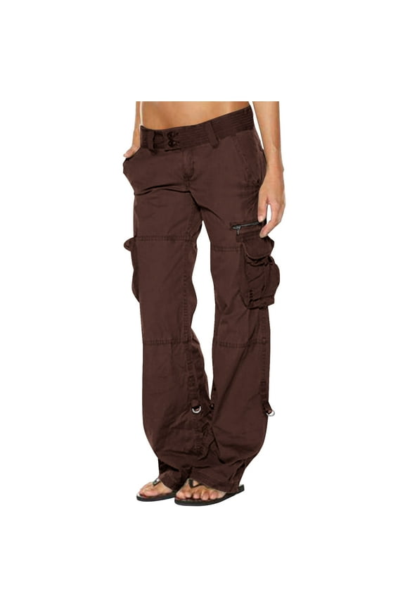 Womens Low Rise Cargo Pants Double Button Loose Wide Leg Straight Lightweight Solid with Pockets for Daily