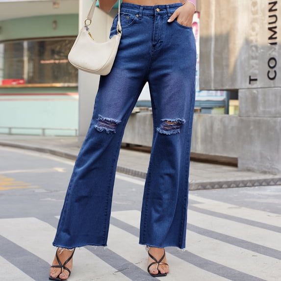 TaTaai Womens Mid Waist Straight Leg Jeans Solid Casual Denim Pants Long Trousers Bottoms for Daily