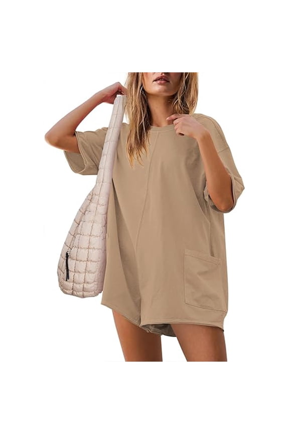 Womens Oversized Athletic Tee Romper Reversible V Neck Short Sleeve with Pockets Loose Fit for Daily Beach Sport Summer