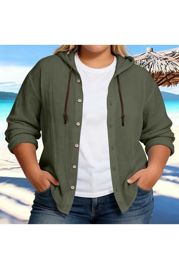 Womens Oversized Hooded Top Long Sleeve Button Front Cotton Linen Texture Casual Shirt Drawstring Loose Fit Gift