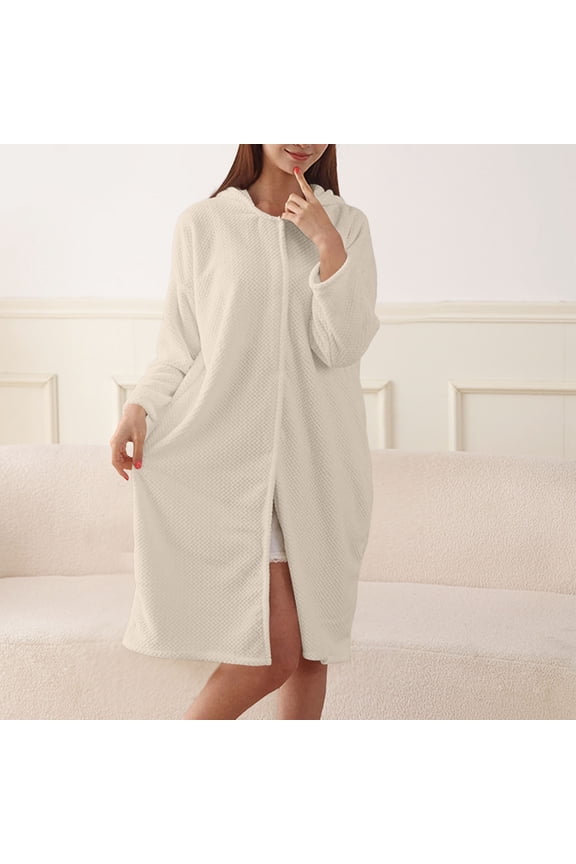 Womens Pajamas Long Sleeve Hooded Solid Coral Fleece Bathrobe Absorbent Quick Dry Robe for Home
