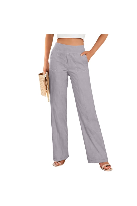Womens Pants High Waisted Straight Leg Side Pocket Solid Soft Breathable Casual Linen Trousers for Spring Summer Gift