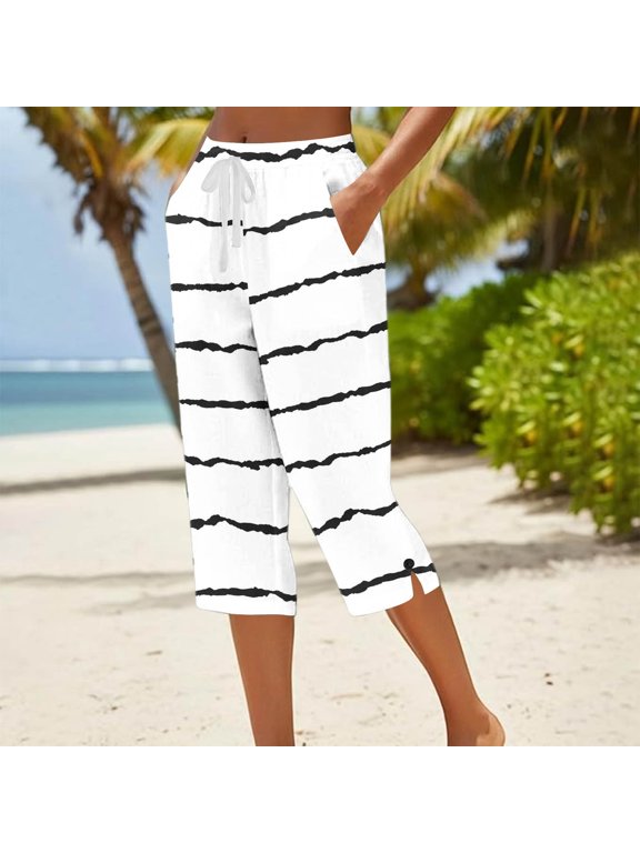 Womens Pants Three Quarter Length Loose Fit Straight Leg Side Slit Button Front Pocket Printed Solid Soft Breathable Casual Trousers for Summer Gift
