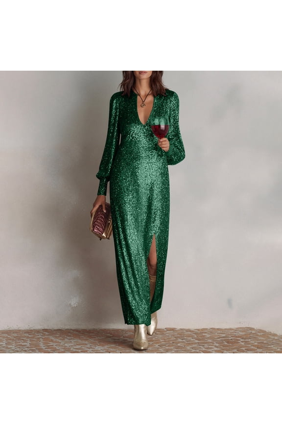 Womens Party Long Sleeve Sequin Maxi Dress High Slit Evening Gown Glitter Formal Prom Night Club Dress Gift