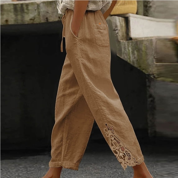 TaTaai Womens Patchwork High Waist Drawstring Pocket Button Closure Cropped Pants For Daily Casual Wear