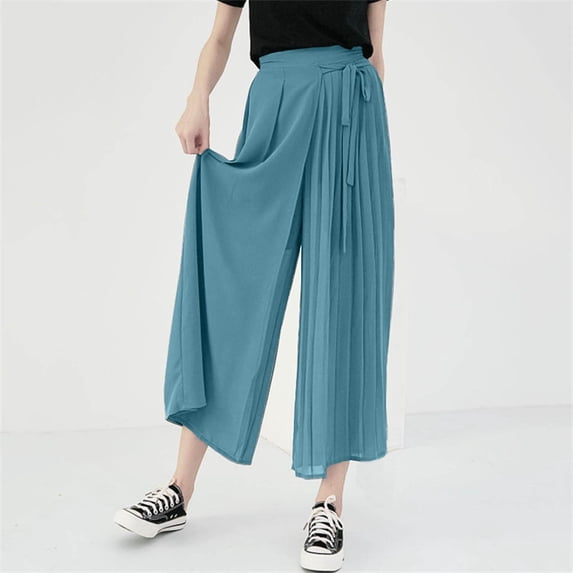 TaTaai Womens Plus Size Casual Wide Leg Pants Chiffon Pleated Long Solid Color Skirt Pants For Summer Beach Daily Flowing Elegant Wear