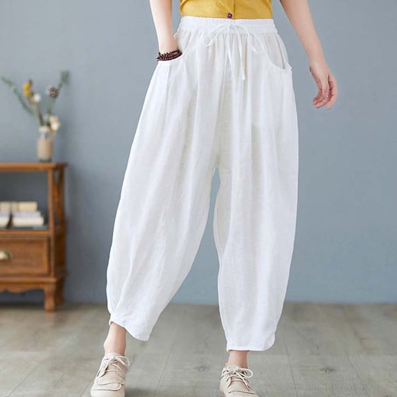 TaTaai Womens Plus Size Drawstring Casual Solid Elastic Waist Pocket Loose Cotton Linen Cropped Pants For Daily