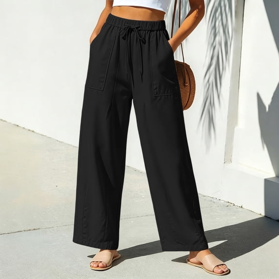 TaTaai Womens Plus Size High Waist Drawstring Wide Leg Pants with Large Patch Pockets Loose Casual Trousers Bottoms for Summer