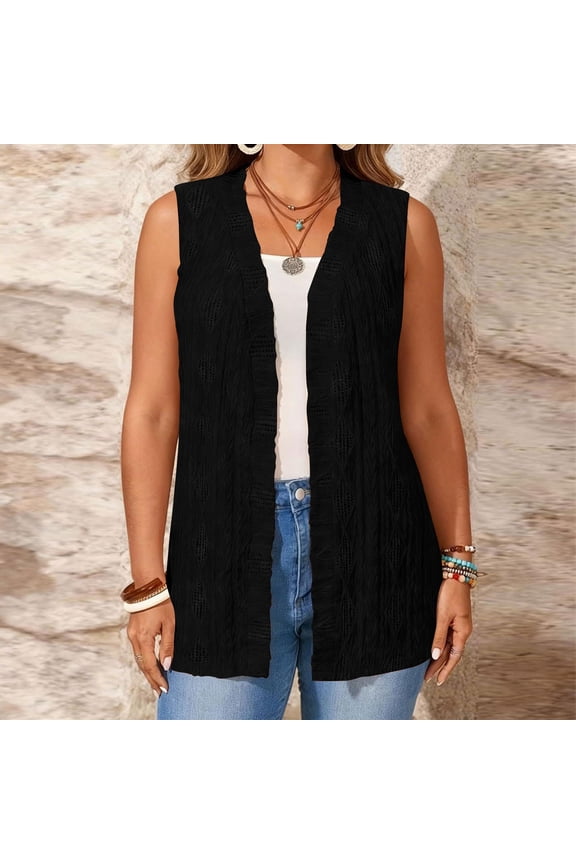 Womens Plus Size Sleeveless Vest Top Solid Color Casual Cardigan Open Front Layering Piece Summer Wear Gift