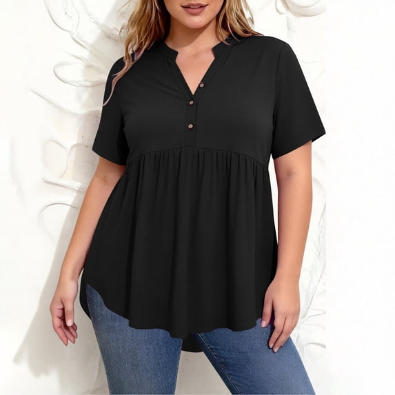 TaTaai Womens Plus Size Solid Color Casual Top V-Neck Decorative Buttons Soft Stretchy Fabric Breathable Lightweight 3/4 Sleeve Relaxed Fit Daily Wear Work Vacation Beach Outfit Gift